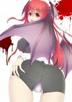  :d aogu ass bat_wings head_wings highres koakuma long_hair looking_at_viewer looking_back miniskirt open_mouth panties red_eyes red_hair skirt smile solo touhou underwear white_panties wings 