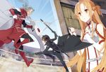  2boys arena asuna_(sao) battle boots dual_wielding duel heathcliff holding kirito multiple_boys psd shield sword sword_art_online weapon 