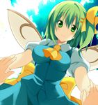  bad_id bad_pixiv_id blush breasts daiyousei fujishiro_emyu green_eyes green_hair holding_hands long_hair looking_at_viewer medium_breasts out_of_frame pov pov_hands side_ponytail skirt skirt_set smile solo_focus touhou wings 