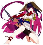  animal_ears ankle_lace-up ankle_ribbon anklet apron arm_support badge barefoot bike_shorts black_hair blush breasts button_badge cross-laced_footwear feet headdress jewelry karei long_hair medium_breasts multicolored_hair one_knee open_mouth original pink_hair red_eyes ribbon solo sword toes two-tone_hair weapon 