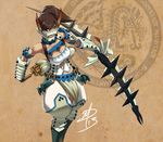  armlet armor arrow barioth_(armor) belt blue_eyes bow_(weapon) breasts brown_hair cleavage corset daniel_macgregor dark_skin huge_weapon knee_pads large_breasts loincloth long_hair mask monster_hunter monster_hunter_3 monster_hunter_portable_3rd pauldrons ponytail puffy_pants quiver signature solo spikes vambraces weapon 