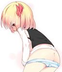  ass blonde_hair blue_panties blush butt_crack long_sleeves looking_back no_pants open_clothes panties panty_pull red_eyes rumia shamo_(koumakantv) short_hair simple_background solo tears touhou underwear white_background 