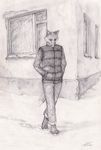  anthro black_and_white canine clothed clothing footprints fox house ice jacket jeans long_sleeves looking_down male mammal monochrome nixdafox outside pants pencil sad snow solo traditional_media walking window winter 