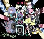  bare_legs black_hair boots dress emolga english flaaffy fur_coat gen_1_pokemon gen_2_pokemon gen_5_pokemon grin guitar gym_leader hair_bobbles hair_ornament headphones highres homika_(pokemon) instrument kamitsure_(pokemon) koffing kogecha long_hair looking_at_viewer loudspeaker mismatched_footwear multiple_girls pokemon pokemon_(creature) pokemon_(game) pokemon_bw2 short_dress smile spotlight striped striped_dress topknot whirlipede white_hair wide_sleeves zebstrika 