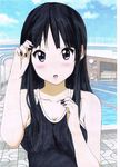  akiyama_mio bad_id bad_pixiv_id black_eyes black_hair blush day derivative_work hime_cut jpeg_artifacts k-on! lane_line long_hair looking_at_viewer nail_polish nishinakajima_nanpou one-piece_swimsuit open_mouth outdoors pool poolside school_swimsuit solo swimsuit water 