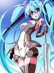  blue_eyes blue_hair elbow_gloves gloves goodsmile_company goodsmile_racing hatsune_miku leotard long_hair miuku_(marine_sapphire) open_mouth race_queen racing_miku racing_miku_(2011) solo thighhighs twintails umbrella very_long_hair vocaloid 