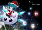  antennae blush boots box chibi christmas earth flying gift gloves glowing green_hair hat light_particles madara_inosuke merry_christmas open_mouth purple_eyes santa_costume santa_hat short_hair smile solid_oval_eyes solo space touhou wings wriggle_nightbug 