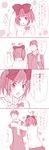  1girl 4koma blush bow coat comic couple hair_bow heart hetero monochrome original red scarf short_hair short_twintails skirt tottoto_tomekichi translated twintails 