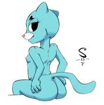  breasts butt cat feline female looking_at_viewer looking_back mammal milf mother nicole_watterson nipples nude parent plain_background shigoto sitting solo the_amazing_world_of_gumball white_background 