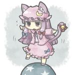  animal_ears bad_id bad_pixiv_id ball bell bow cat_ears cat_tail crescent dress hair_bow hair_ribbon hat kemonomimi_mode long_hair open_mouth outstretched_arms patchouli_knowledge purple_eyes purple_hair ribbon solo sweat tail touhou yuasan 