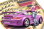  ahoge ai_candy back badge belt blonde_hair blue_eyes bob_cut boots breasts car coffee daniel_macgregor denim facial_tattoo from_behind ground_vehicle jeans medium_breasts motor_vehicle original pants porsche porsche_911 short_hair solo tattoo 