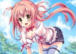  bent_over blue_sky blush breasts brown_eyes choker cleavage cloud day long_hair medium_breasts open_mouth original pink_hair ribbon_choker skirt sky smile solo suzaku_(oekaki_no_sekai) thighhighs white_legwear 