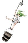  bare_legs barefoot bucket climbing full_body green_hair japanese_clothes kimono kisume kitayuki_kajika looking_at_viewer open_mouth outstretched_leg red_eyes rope side_slit simple_background solo standing standing_on_one_leg swinging touhou twintails white_background wooden_bucket yukata 