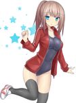  black_legwear blue_eyes breasts brown_hair jacket long_hair medium_breasts one-piece_swimsuit open_clothes open_jacket original ponytail school_swimsuit shoes sneakers solo star swimsuit swimsuit_under_clothes thighhighs track_jacket tsukumiya_amane 