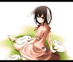  animal_ears barefoot blush brown_hair bunny bunny_ears colorized dress grass highres inaba_tewi koshi-kun letterboxed pink_dress red_eyes short_hair sitting solo tail touhou 