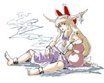  barefoot blonde_hair bow brown_eyes cuffs fingernails full_body gourd hair_bow hair_ribbon horn_ribbon horns ibuki_suika kitayuki_kajika long_fingernails long_toenails looking_at_viewer open_mouth ribbon shackles shirt simple_background sitting skirt sleeveless sleeveless_shirt solo toenails touhou white_background 