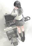  bag black_hair from_behind headphones instrument minimoog_voyager original pleated_skirt pomodorosa school_uniform serafuku signature skirt solo standing synthesizer 