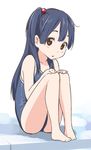  :o black_hair brown_eyes errant hair_bobbles hair_ornament hands_on_own_knees kitashirakawa_anko long_hair one-piece_swimsuit one_side_up school_swimsuit sitting solo swimsuit tamako_market twintails 