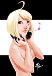  ahoge ai_candy bangs blonde_hair blue_eyes bob_cut breasts censored convenient_censoring daniel_macgregor eyebrows facial_tattoo headphones large_breasts lips listening_to_music musical_note nose nude original short_hair signature smile solo swept_bangs tattoo wireless 