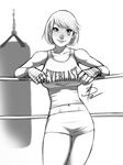  ai_candy bad_deviantart_id bad_id bandages bob_cut boxing_ring breasts clothes_writing daniel_macgregor facial_tattoo greyscale hand_wraps large_breasts leaning_back lips midriff mixed_martial_arts monochrome navel original punching_bag short_hair shorts signature smile tank_top tattoo toned 