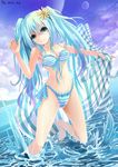  2013 aqua_eyes aqua_hair bad_id bad_pixiv_id bikini breasts cleavage day dutch_angle flower frilled_bikini frills front-tie_top hair_flower hair_ornament hatsune_miku jojofon long_hair looking_at_viewer medium_breasts navel side-tie_bikini smile solo splashing striped striped_bikini swimsuit twintails very_long_hair vocaloid water wet 