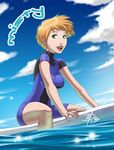  alternate_hairstyle blue_sky breasts character_name cloud daniel_macgregor day earrings green_eyes jewelry kasumi_(pokemon) large_breasts lips older orange_hair pokemon revision short_hair signature sky smile solo stud_earrings surfboard wetsuit 