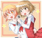  ahoge blush brown_eyes brown_hair crossover hair_ornament hidamari_sketch jack_(slaintheva) kotoura-san kotoura_haruka microphone multiple_girls open_mouth orange_eyes orange_hair school_uniform serafuku short_hair trait_connection yuno 