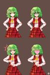  1girl alphes_(style) ascot blush breasts dress_shirt embarrassed empty_eyes green_hair hands_on_hips highres kaoru_(gensou_yuugen-an) kazami_yuuka long_sleeves looking_at_viewer medium_breasts no_eyes open_mouth parody plaid plaid_skirt red_eyes shirt short_hair skirt smile solo style_parody touhou vest yandere 