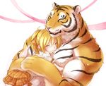  1girl :3 blonde_hair closed_eyes furry hair_ribbon hug lily_(teru_suzu) muscle original ponytail ribbon short_hair skirt smile teru_suzu tiger tiger-san 