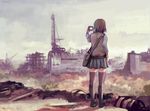  bag brown_hair camera cityscape from_behind original ruins school_uniform short_hair shoulder_bag skirt solo standing sweater_vest taking_picture thighhighs tr0yka zettai_ryouiki 