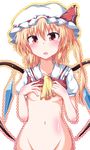  :o ascot blonde_hair blush body_blush bottomless breasts flandre_scarlet groin hand_on_own_chest hat hat_ribbon heart heart_wings highres medium_breasts naba_(take_tonbo) navel open_mouth red_eyes ribbon shirt_pull short_hair short_sleeves side_ponytail solo touhou wings 