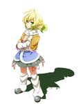  ahoge blonde_hair crossed_arms green_eyes green_hair highres hikimayu leg_warmers long_sleeves looking_at_viewer mizuhashi_parsee multicolored_hair pleated_skirt pointy_ears shadow skirt solo standing touhou two-tone_hair white_background yuuki_(yukigeshou_hyouka) 