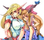  &gt;:) belt bow bowtie breasts friends hair_bow holding horn horns hoshiguma_yuugi ibuki_suika impossible_clothes impossible_shirt large_breasts long_hair multiple_girls muscle nmknf_(mkn) oekaki red_eyes shirt skirt sleeveless smile touhou v-shaped_eyebrows white_background 