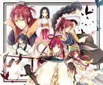  5boys black_hair braid brother_and_sister brothers chinese_clothes cousins fan freckles guan_dao hair_rings hanfu jewelry judal long_hair magi_the_labyrinth_of_magic midriff mizuki_hau multiple_boys multiple_girls neck_ring red_eyes red_hair ren_hakuei ren_hakuryuu ren_kouen ren_kougyoku ren_kouha ren_koumei scar siblings single_braid sword weapon 