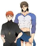  boxers brown_eyes brown_hair cosplay costume_switch cross cross_necklace emiya_shirou fate/stay_night fate_(series) groin jewelry kotomine_kirei midriff multiple_boys necklace orange_hair oversized_clothes pinki_(shounenkakuseiya) raglan_sleeves red_hair size_difference torn_clothes undersized_clothes underwear yellow_eyes 