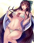  :o bare_shoulders between_breasts bikini black_hair black_wings blush bow breasts feathers frilled_bikini frills front-tie_top hair_bow large_breasts long_hair navel open_mouth red_eyes reiuji_utsuho side-tie_bikini solo swimsuit thighs third_eye touhou towel very_long_hair walzrj wide_hips wings 