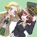  ;d akiyama_yukari bangs blonde_hair blouse blue_jacket blush brown_eyes brown_hair brown_jacket clothes_theft emu_(toran) erwin_(girls_und_panzer) flying_sweatdrops girls_und_panzer goggles goggles_on_headwear green_shirt green_skirt hat hat_removed headwear_removed jacket long_sleeves messy_hair military military_hat military_uniform miniskirt multiple_girls neckerchief one_eye_closed ooarai_school_uniform open_clothes open_jacket open_mouth peaked_cap pleated_skirt school_uniform serafuku shirt short_hair skirt smile sweatdrop theft uniform wavy_mouth white_blouse white_skirt 