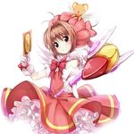  blush brown_hair bun150 cardcaptor_sakura clow_card dress fuuin_no_tsue gloves green_eyes hat highres kero kinomoto_sakura magical_girl open_mouth pink_hat short_hair smile thighhighs twintails wand white_gloves 