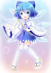  absurdres alternate_costume blue_eyes blue_hair bow choko_(mixberry_parfait) cirno gohei hair_bow highres japanese_clothes miko oonusa open_mouth over-kneehighs sandals smile solo thighhighs touhou white_legwear wide_sleeves wings zettai_ryouiki 