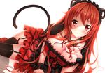  1girl animal_ears blush breasts brown_eyes brown_hair cat_ears cat_tail choker cleavage demon_horns dress fur_trim garter_belt heirou horns huge_breasts large_breasts long_hair looking_at_viewer lowres maou_(maoyuu) maoyuu_maou_yuusha open_mouth shiny shiny_skin simple_background solo tail thighhighs 