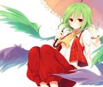  ascot dress_shirt green_hair holding kazami_yuuka kazami_yuuka_(pc-98) looking_at_viewer pants plaid plaid_vest purple_wings red_eyes seihou shirt short_hair smile solo toosaka_asagi touhou touhou_(pc-98) umbrella vest wings 