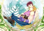  bare_shoulders blonde_hair brown_hair bubble caesar_anthonio_zeppeli dkaki facial_mark feathers fingerless_gloves gloves headband in_bubble jojo_no_kimyou_na_bouken joseph_joestar_(young) male_focus midriff multiple_boys pants plant ribbon scarf striped striped_pants striped_scarf yaoi 