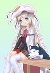  blue_eyes bow cape hat little_busters! long_hair noumi_kudryavka nuumin pink_bow school_uniform silver_hair smile strelka thighhighs 