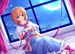  alice_margatroid black_legwear blonde_hair blue_dress blue_eyes capelet cloud curtains dress dutch_angle frown full_moon headband moon night night_sky on_bed pantyhose ribbon sash short_hair sitting sky solo touhou window wrist_cuffs yuzuki_sora 