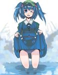  backpack bag blue_eyes blue_hair blush hair_bobbles hair_ornament hat kawashiro_nitori key looking_at_viewer one_eye_closed open_mouth school_swimsuit short_hair skirt skirt_lift smile solo swimsuit swimsuit_under_clothes tatwuku touhou two_side_up wading water wet 