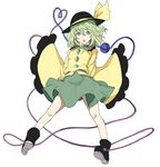  blush boots green_eyes green_hair hat hat_ribbon heart komeiji_koishi long_sleeves looking_at_viewer open_mouth ribbon sabiirodoramu short_hair skirt solo third_eye touhou 