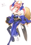  absurdres bad_id bad_pixiv_id bow breasts cleavage fate/extra fate_(series) hair_bow hair_ribbon highres long_hair medium_breasts ribbon solo tamamo_(fate)_(all) tamamo_no_mae_(fate) thighhighs u._(artist) yellow_eyes 