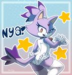  &lt;3 abstract_background amber_eyes bell black_nose blaze_the_cat cat clothed clothing collar feline female fur gloves hair legwear looking_at_viewer looking_back mammal nancher open_mouth purple_fur purple_hair sega short_hair smile solo sonic_(series) standing stockings thighs white 