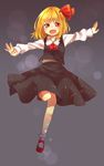  :d ascot bad_id bad_pixiv_id blonde_hair blurry blush bokeh chikamichi_(ssssgirl) depth_of_field fang hair_ribbon open_mouth outstretched_arms red_eyes ribbon rumia shirt short_hair skirt skirt_set smile solo spread_arms touhou 