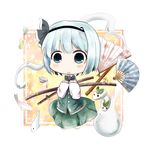  blush bow bug butterfly chibi fan fish flute gasuto_(kamikami) grey_eyes hair_ribbon insect instrument katana konpaku_youmu konpaku_youmu_(ghost) long_sleeves open_mouth ribbon shirt silver_hair skirt skirt_set snow_bunny solo sword touhou vest weapon 